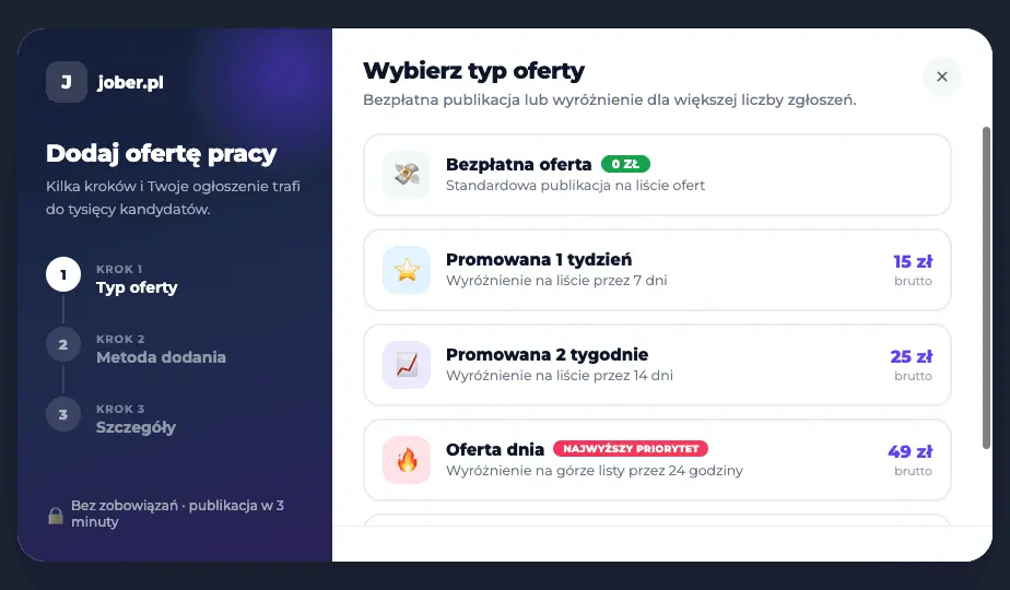 The Jober job-posting wizard - choosing the offer type